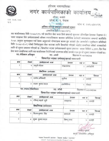 मेडिकल अधिकृत, ल्याव टेक्निसियन पदको पदको अन्तिम नतिजा प्रकाशन सम्बन्धी सूचना ।