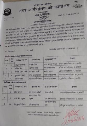 विद्यालय नर्स पदको अन्तिम  नतिजा प्रकाशन सम्बन्धी सूचना ।
